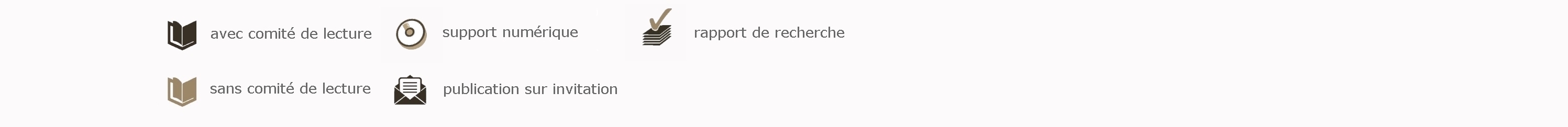 légende: publication avec comité de lecture, publication sans comité de lecture, support numérique, publication sur invitation, rapport de recherche