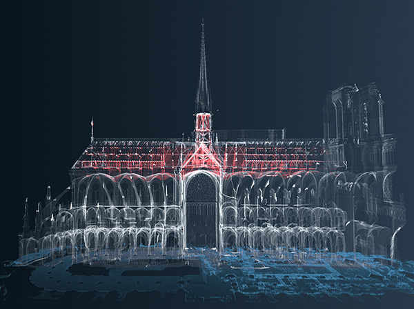 Nuage de points 3D, de la coupe longitudinale sur la partie sud de la cathédrale Notre-Dame de Paris, avant l'incendie du 15 avril 2019. Le nuage de points 3D de la cathédrale est issu des campagnes de relevé lasergrammétrique menées par Andrew Tallon (Vassar College) entre 2006 et 2012. Celui-ci est superposé au nuage de points 3D (en rouge) avant l’incendie et au nuage de points 3D (en bleu) du plan de la cathédrale après incendie, issus des campagnes de relevé lasergrammétrique menées par le groupement d'entreprises GEA - LIFE 3D pour le compte de l'entreprise Le Bras Frères. Cette capture est issue de l’environnement de visualisation interactive 3D développé par le laboratoire MAP dans le cadre du GT "données numériques" du chantier scientifique Notre-Dame de Paris CNRS/Ministère de la culture. Auteurs : Violette Abergel, Livio De Luca © Violette Abergel / Livio De Luca / MAP / Vassar College / GEA / LIFE 3D / Chantier scientifique Notre-Dame de Paris / Ministère de la Culture / CNRS - 2021