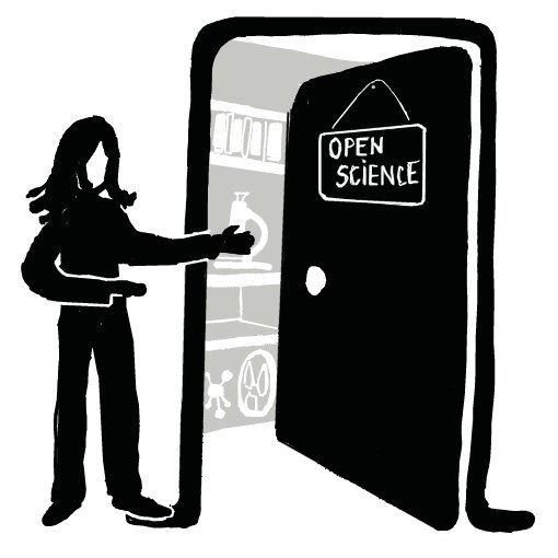 Dessin symbolisant un chercheur ouvrant la porte de son laboratoire, avec une pancarte où il est écrit "Open Science".